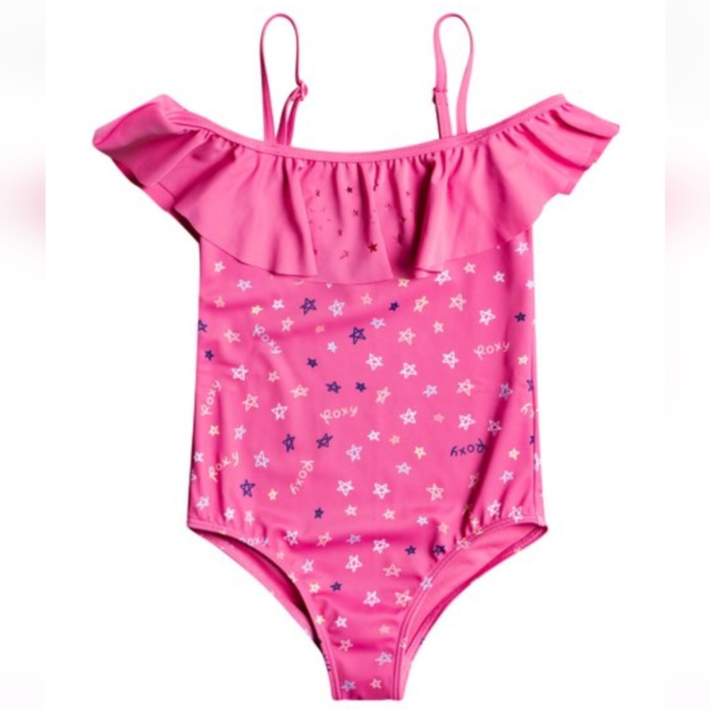 Roxy Pink Guava Tiny Stars Ruffle Off Shoulder One Piece Swim Suit Size 4T